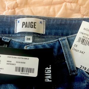 Paige Jeans - brand new. Never worn. Hoxton Ankle-rock show distressed. Size 28.
